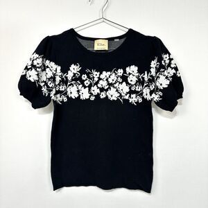 Elie Tahari Black/White Puff Sleeve Sweater Short Sleeve Preppy Floral Small